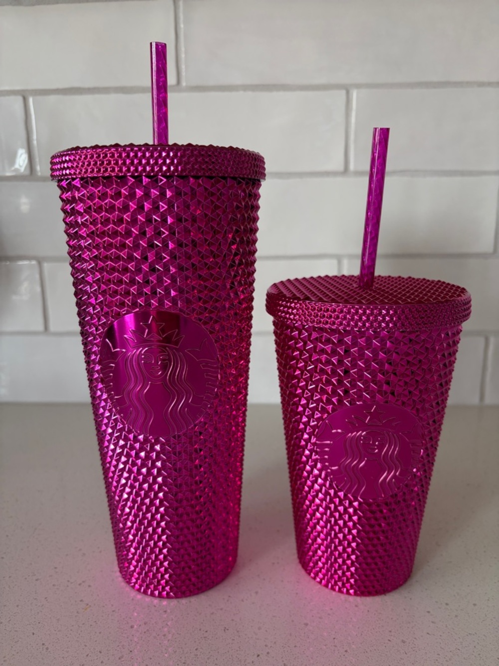 Starbucks Metallic Fuchsia Chrome Studded Tumbler Pair of 24oz and 16oz
